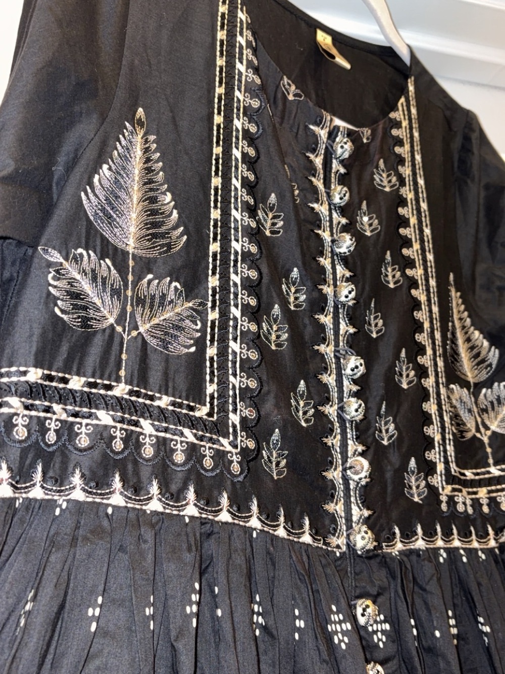Black Embroidered Button-Front Tunic Dress